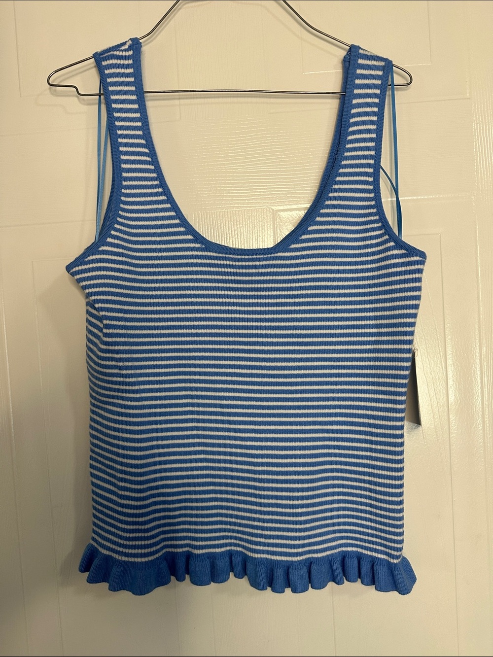 NWT Free Assembly Blue & White Striped Ruffle-Hem Tank Top